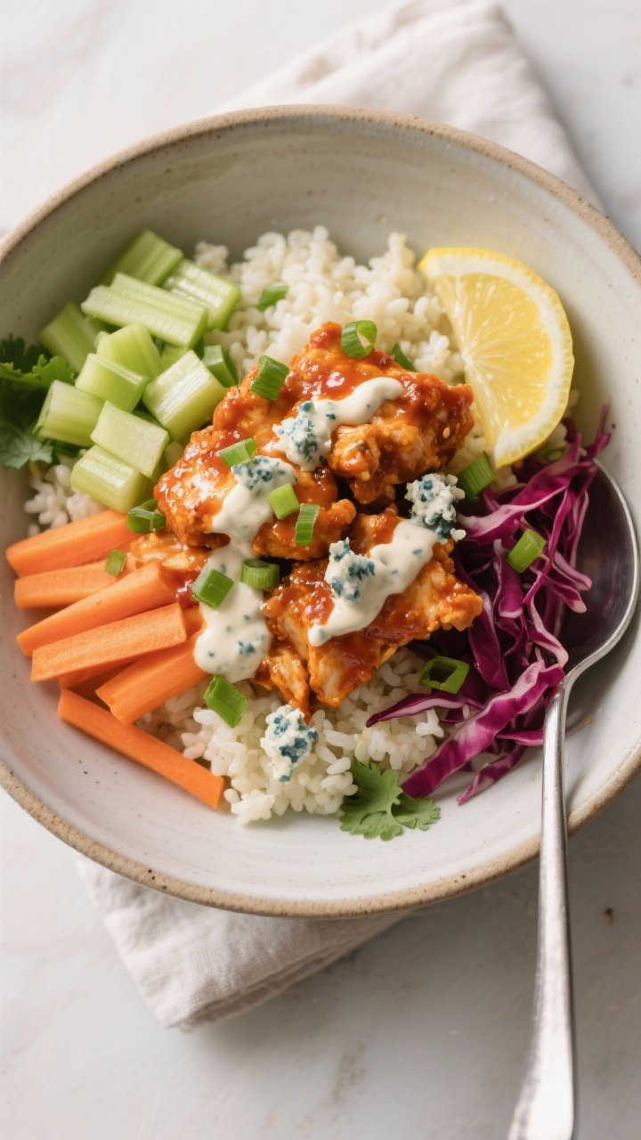 Final plated bowl — restaurant-quality presentation: Beautifully plated Buffalo Chicken Cauliflowe