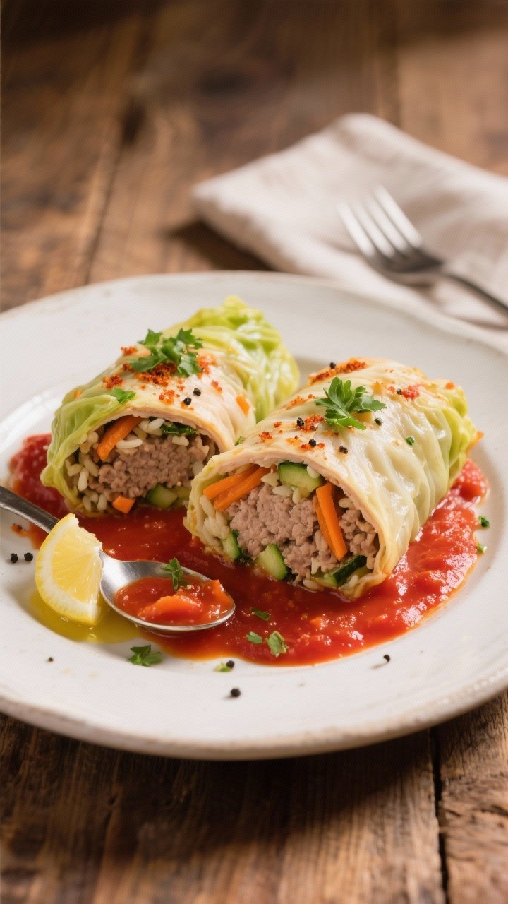 Final plated close-up: Close-up of two sliced turkey and vegetable stuffed cabbage rolls on a warm w