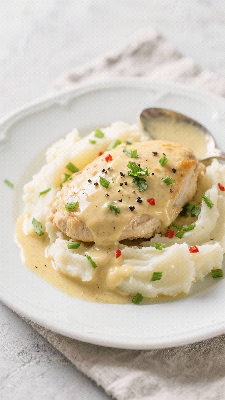 Final plated comfort-food presentation: Beautifully plated Slow Cooker Creamy Ranch Chicken over flu