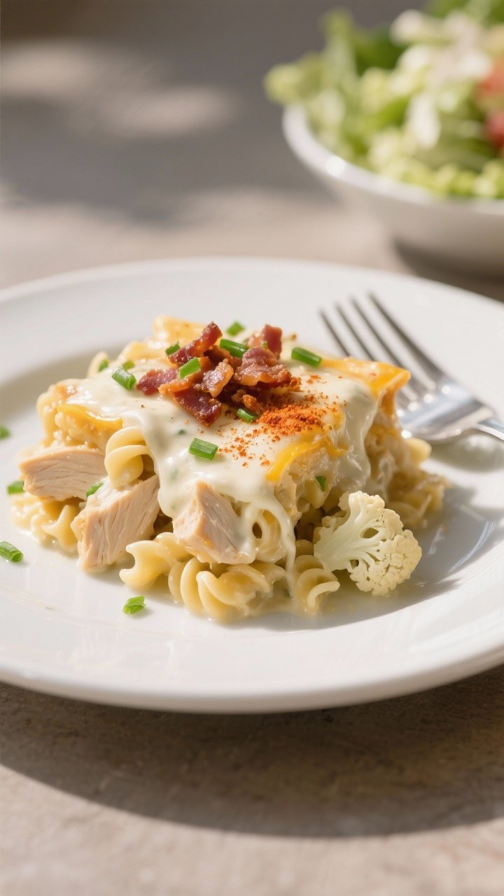 Final plated dish, : A neatly scooped portion of chicken bacon ranch casserole on a matte white plat