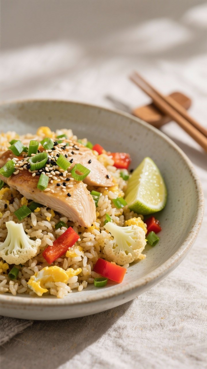 Final plated dish: Beautifully plated Cauliflower Fried Rice with Chicken in a wide, shallow ceramic