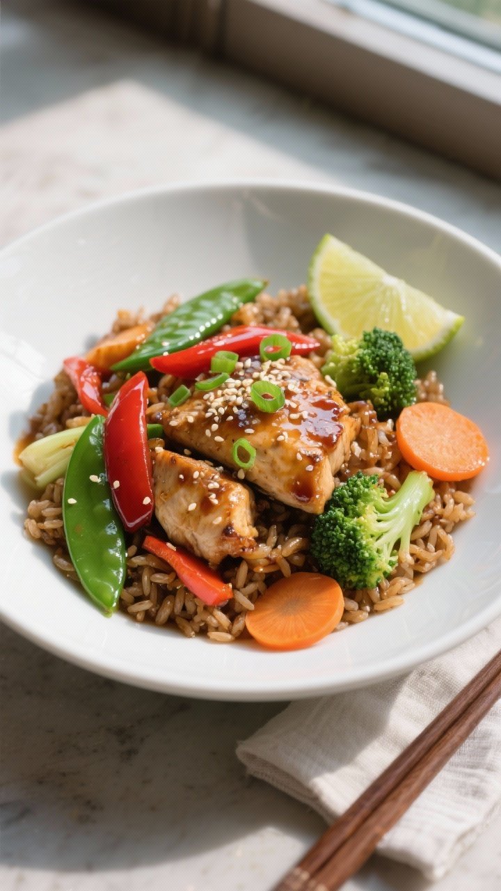 Final plated dish — Beautifully plated chicken stir-fry over fluffy brown rice in a wide matte-whi