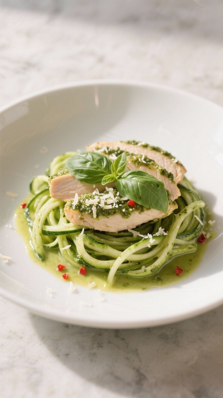 Final plated dish: Beautifully plated Creamy Pesto Chicken and Zoodles twirled into a nest on a shal