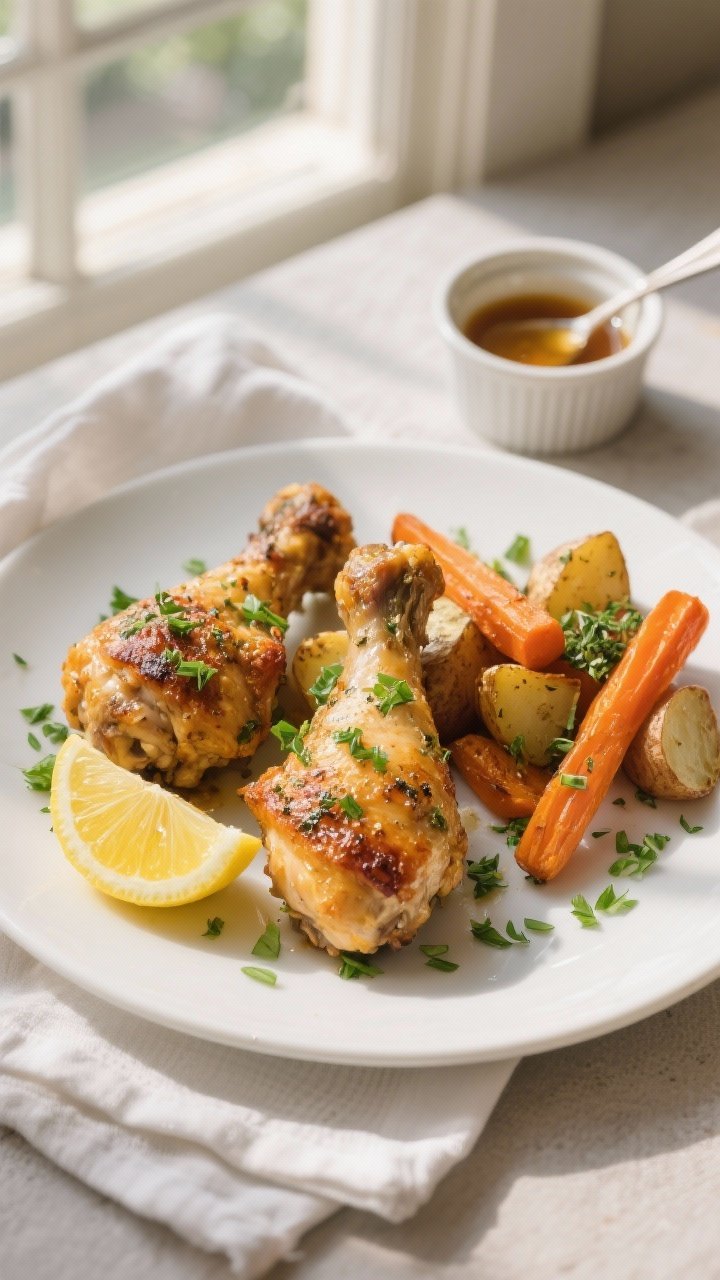 Final plated dish: Beautifully plated crispy herb-baked chicken drumsticks on a matte white plate, g