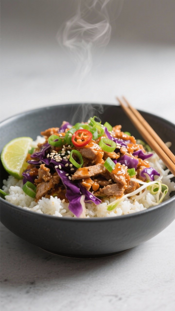 Final plated dish, : Beautifully plated Egg Roll in a Bowl in a matte charcoal bowl over fluffy caul