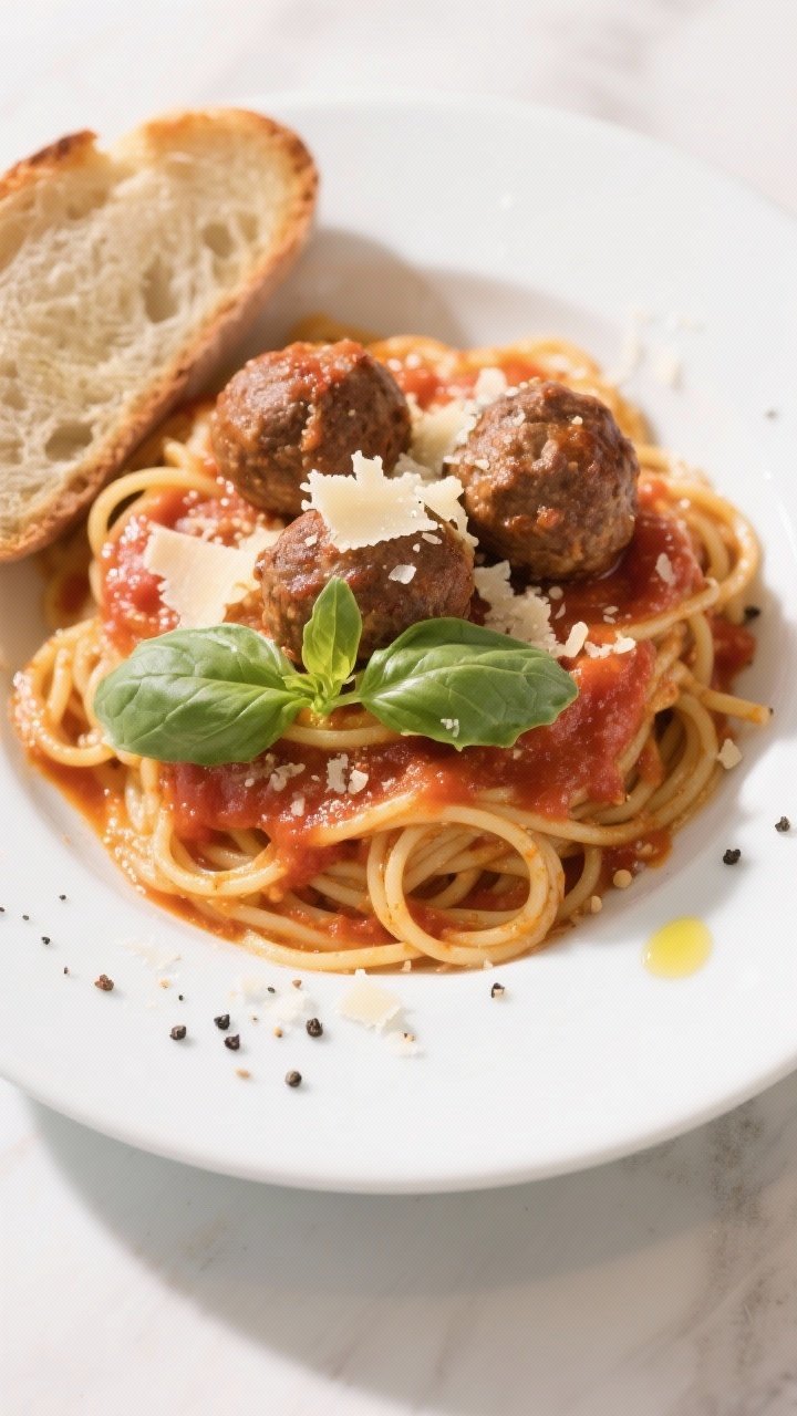 Final plated dish: Beautifully plated spaghetti and Italian meatballs in tomato sauce, overhead ; sa