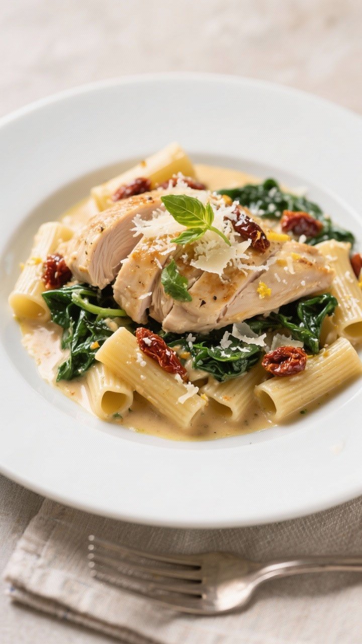 Final plated dish beauty: Creamy Tuscan Chicken elegantly plated over al dente rigatoni on a matte w