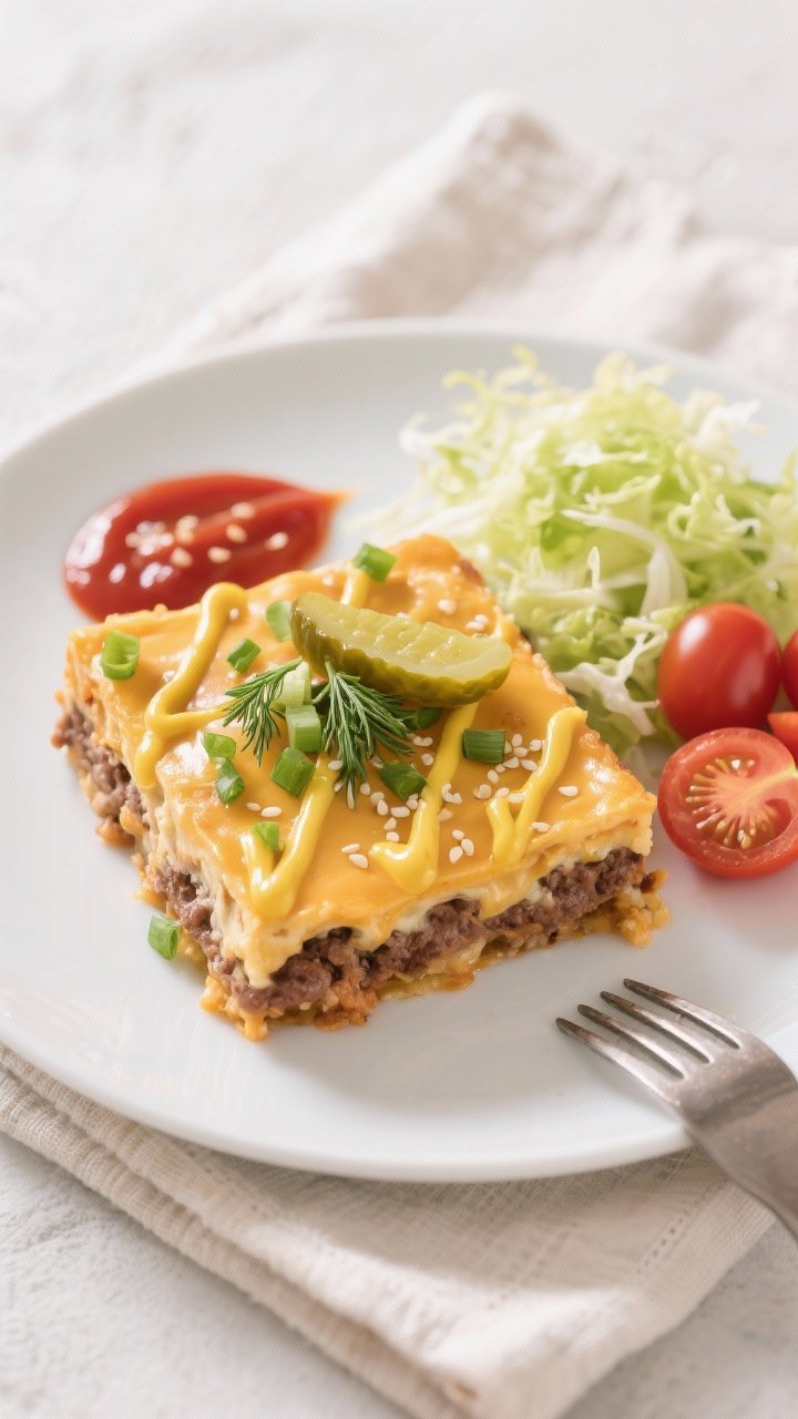 Final plated dish, overhead: A neatly cut square of cheeseburger casserole on a matte white plate, g
