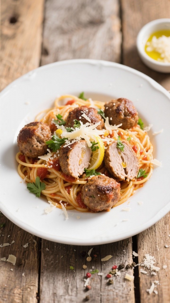 Final plated dish, overhead: Garlic Parmesan Turkey Meatballs served over al dente spaghetti with a 