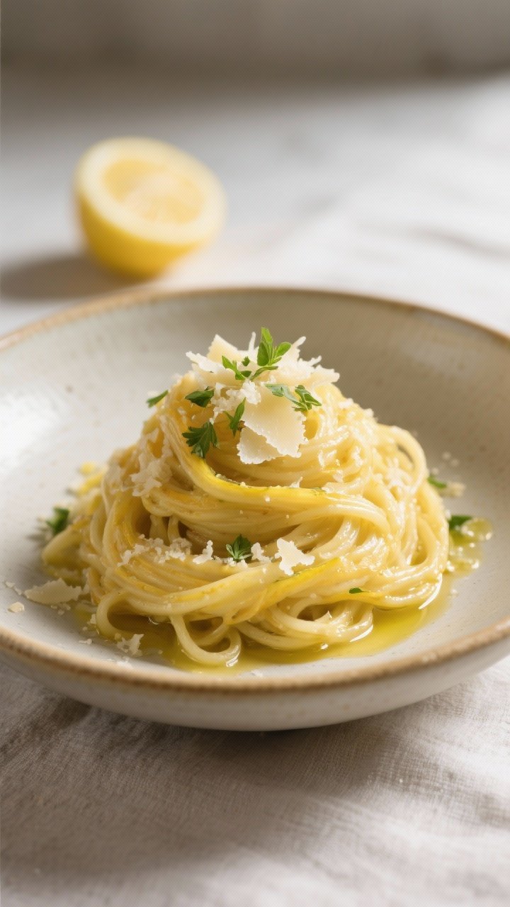 Final plated dish presentation: Restaurant-quality bowl of Garlic Parmesan Spaghetti Squash twirled 