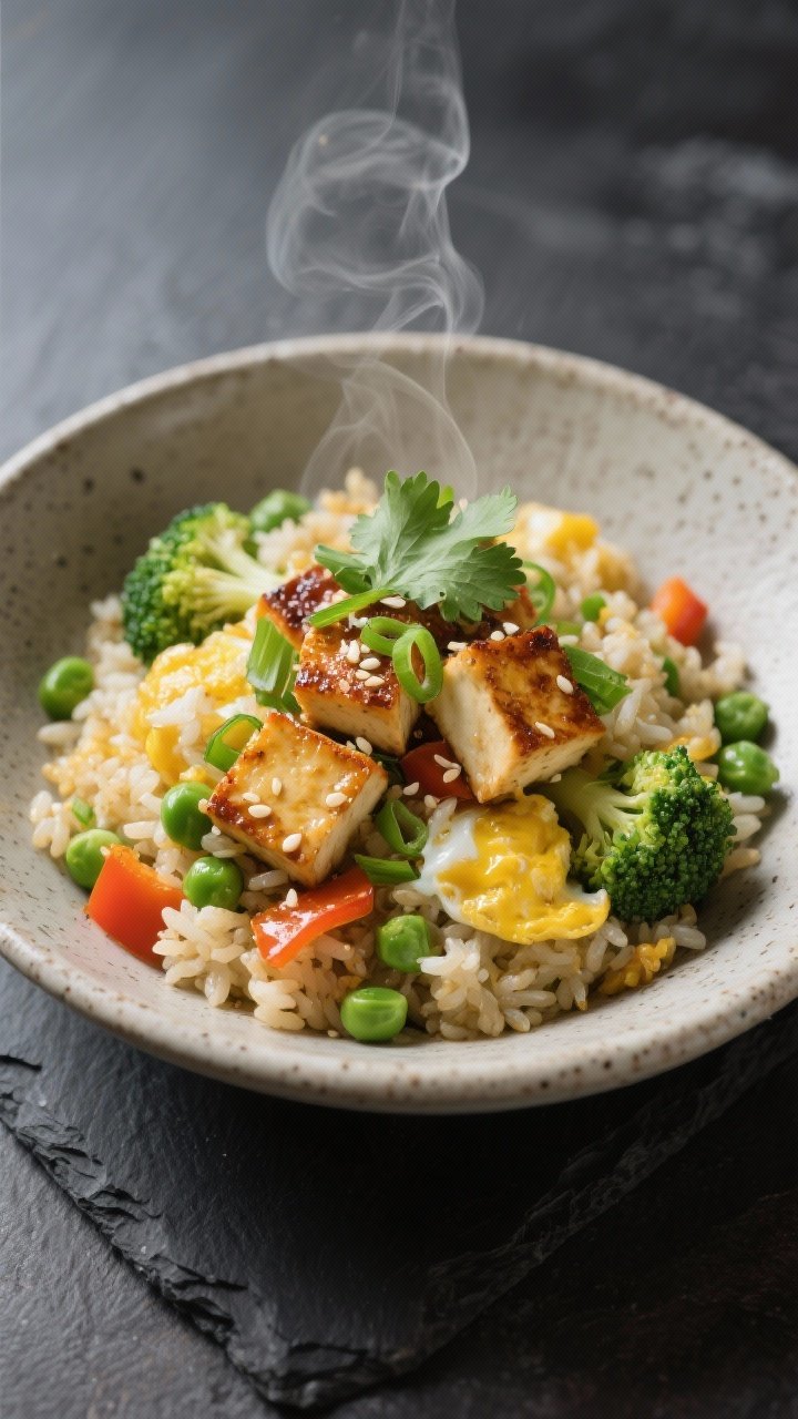 Final plated dish, restaurant-quality: Beautifully plated individual bowl of veggie egg fried rice w