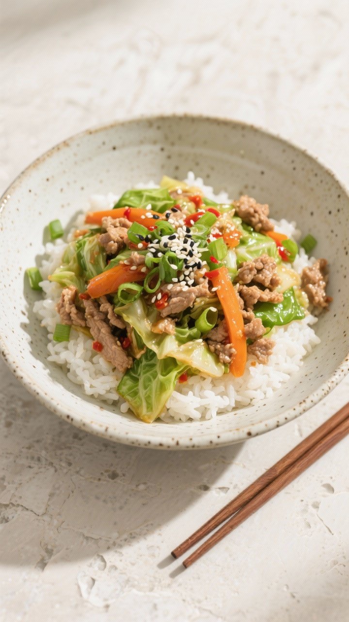 Final plated dish: Restaurant-quality bowl of cabbage stir-fry with lean ground turkey served over f
