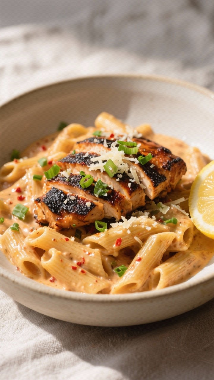 Final plated dish: Restaurant-quality bowl of Cajun Creamy Chicken Pasta—penne coated in glossy Pa