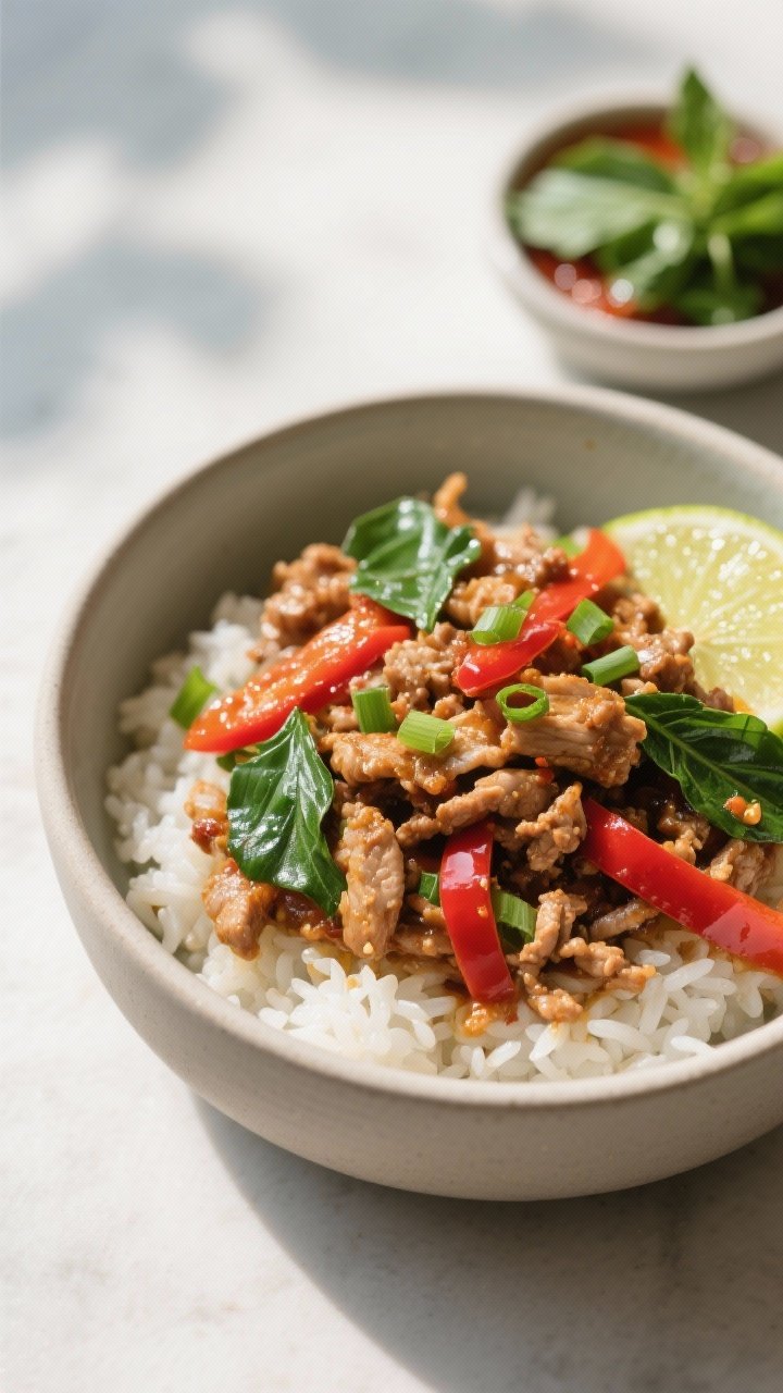 Final plated dish — Restaurant-quality bowl of Thai Basil Turkey Stir-Fry over jasmine rice: three