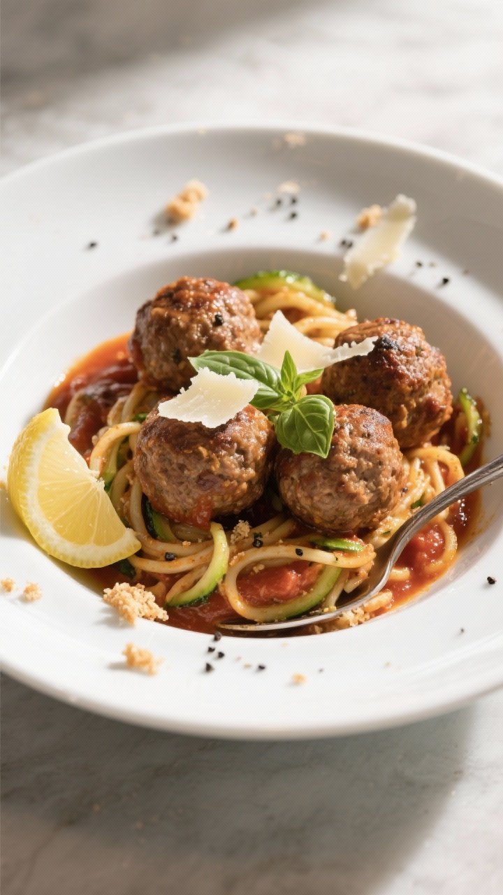 Final plated dish: Restaurant-quality bowl of turkey meatballs with zoodles and marinara, artfully t