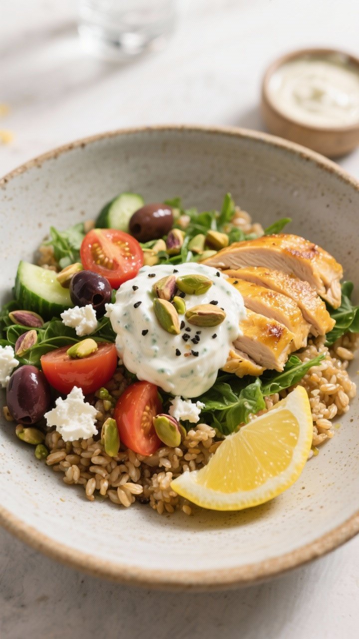 Final plated dish: Restaurant-quality Greek Chicken Power Bowl fully composed—farro base with a wa