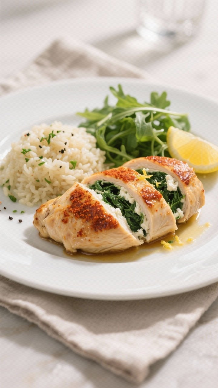 Final plated dish – restaurant-quality presentation: Beautifully plated spinach and feta stuffed c