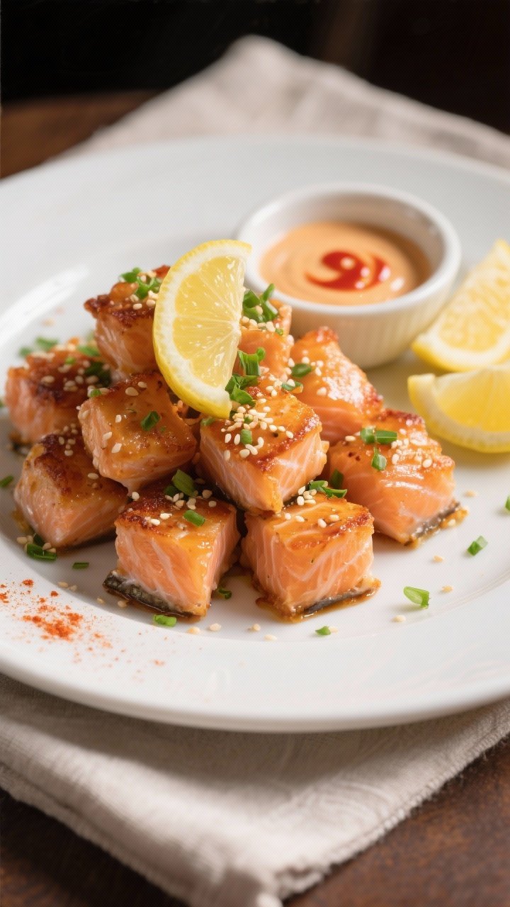 Final plated dish: Restaurant-quality presentation of salmon bites piled on a white ceramic plate, f