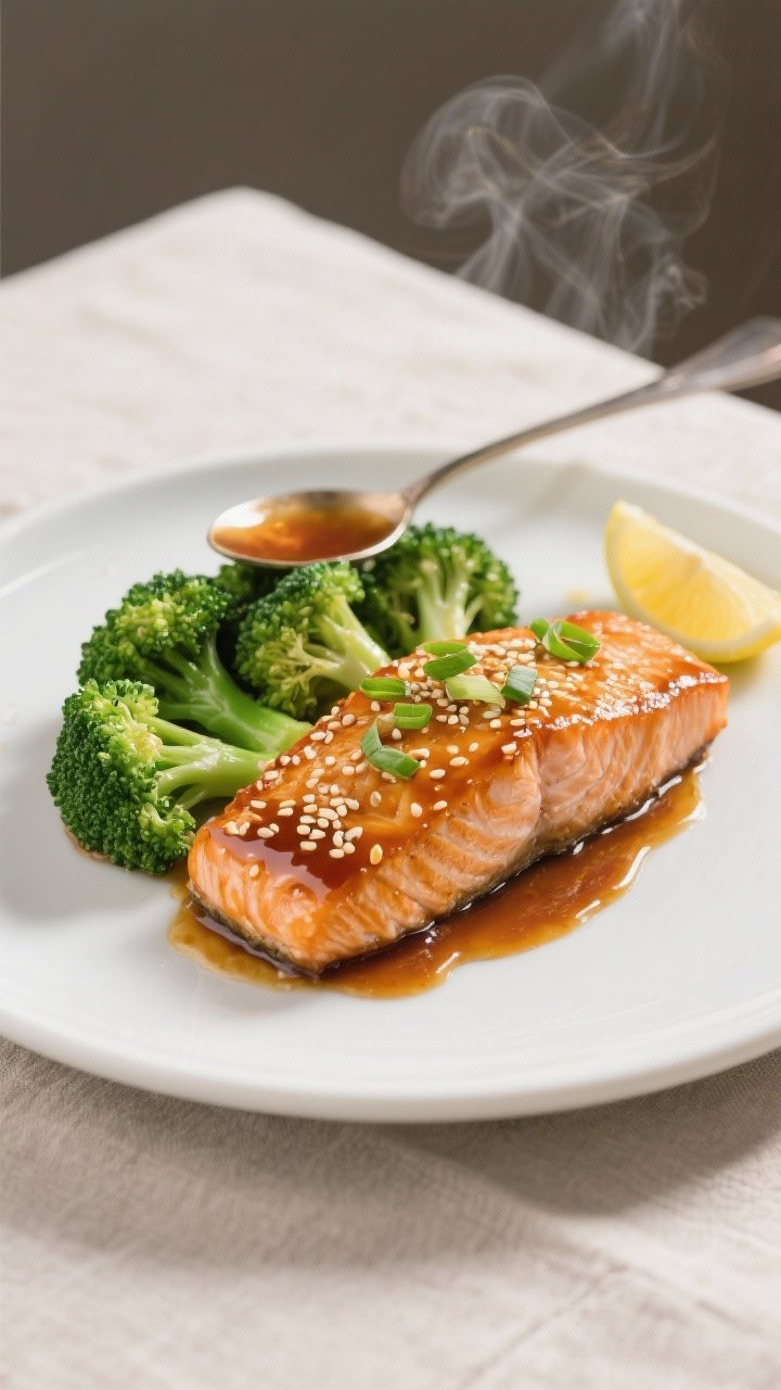 Final plated dish: Restaurant-quality presentation of honey garlic glazed salmon with bright green,