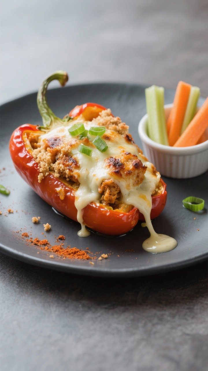 Final plated dish, restaurant-quality presentation: One Buffalo Chicken Stuffed Pepper half plated o
