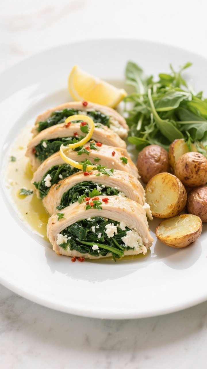 Final plated dish: Restaurant-quality presentation of spinach and feta stuffed chicken breast sliced