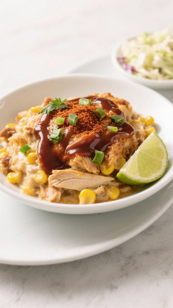 Final plated dish: Restaurant-quality presentation of a generous scoop of BBQ chicken casserole in a