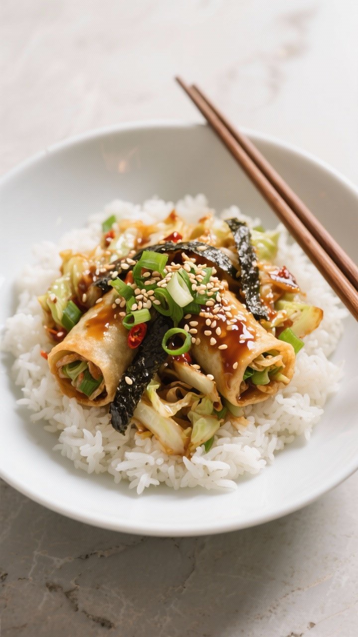 Final plated dish: Restaurant-quality presentation of Egg Roll in a Bowl over fluffy steamed jasmine
