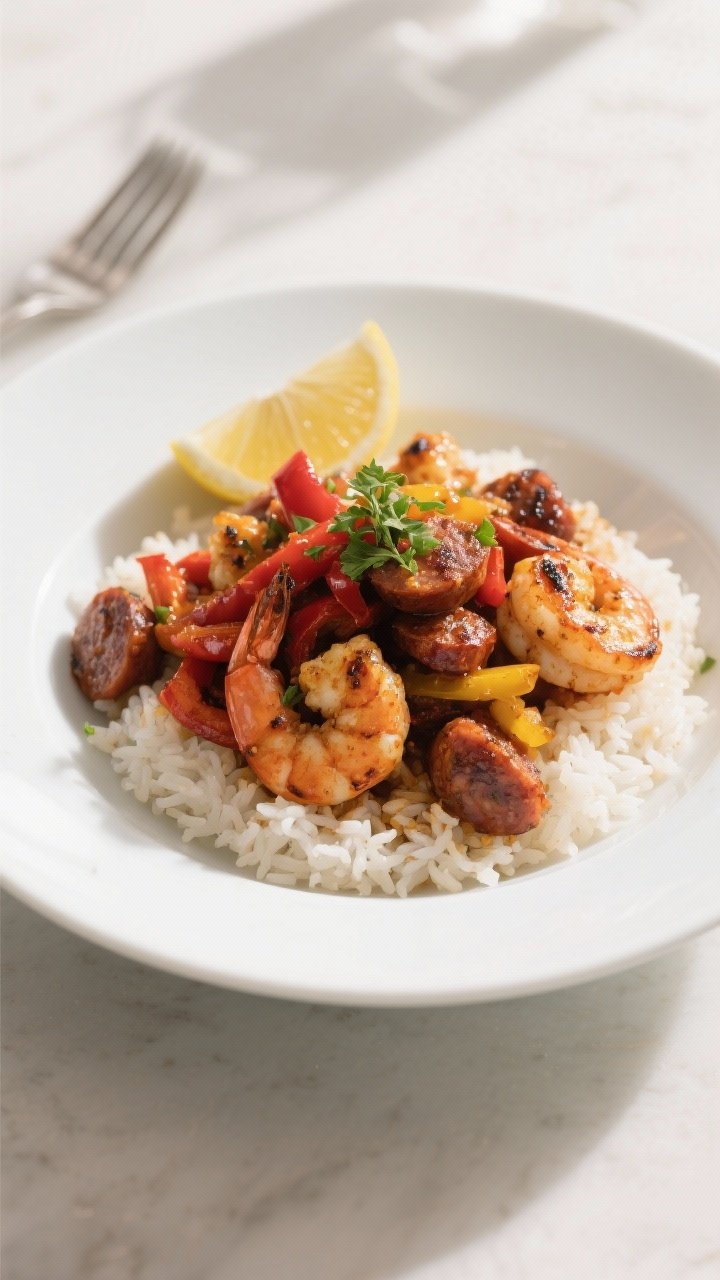 Final plated dish: Restaurant-quality presentation of Cajun shrimp and sausage served over fluffy wh