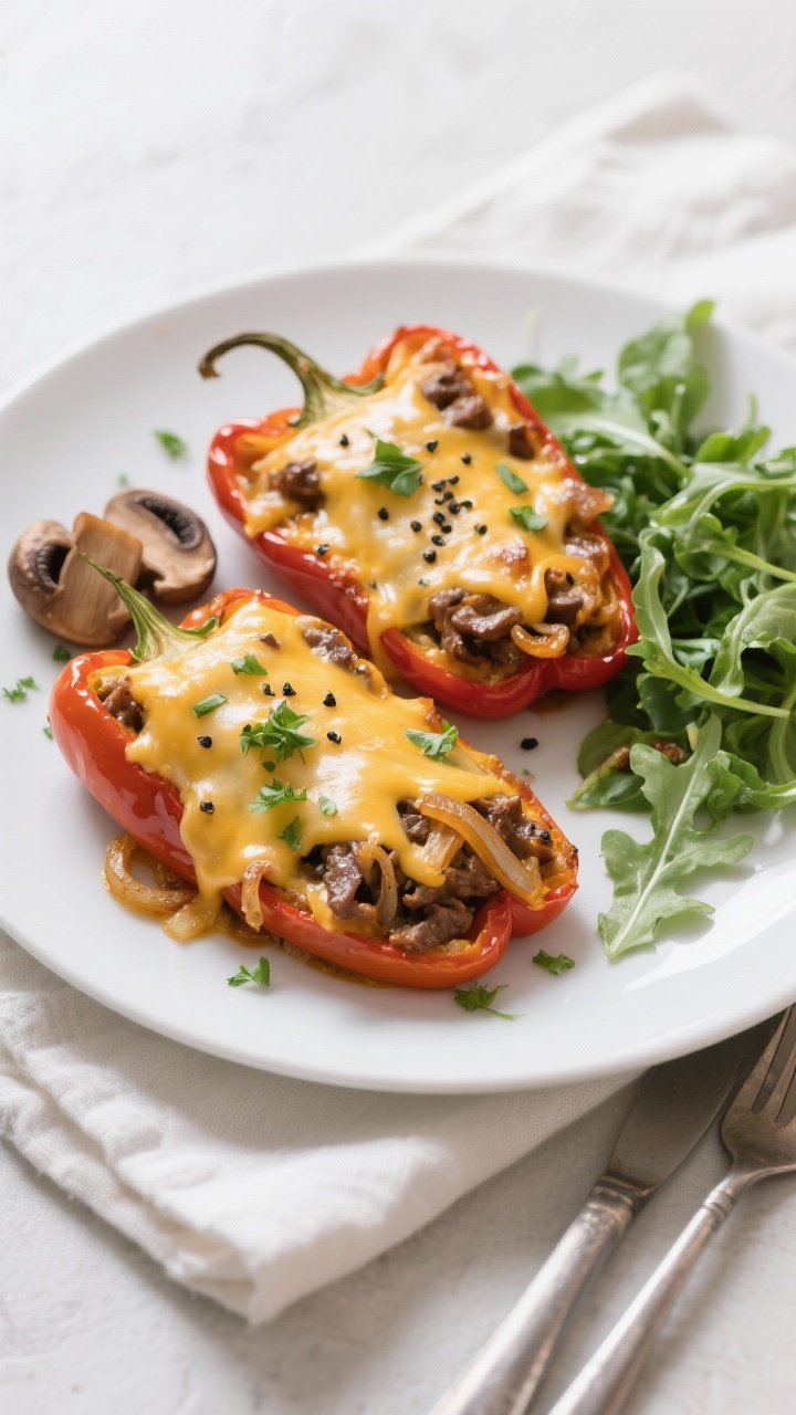 Final plated dish: Restaurant-quality presentation of two baked Low Carb Philly Cheesesteak Stuffed 