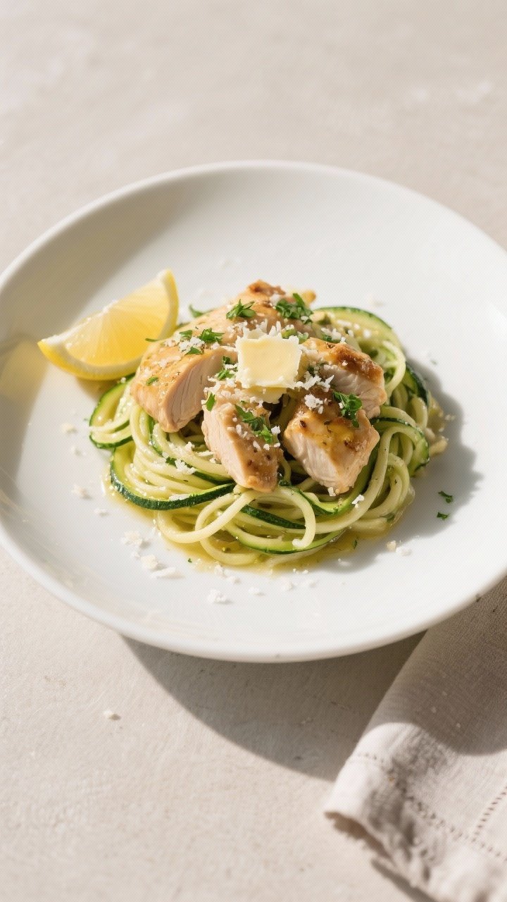 Final plated dish: Restaurant-quality presentation of Garlic Butter Chicken with Zucchini Noodles tw