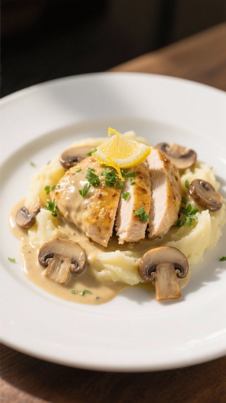 Final plated dish, restaurant-quality presentation: Beautifully plated Creamy Mushroom Chicken on a 