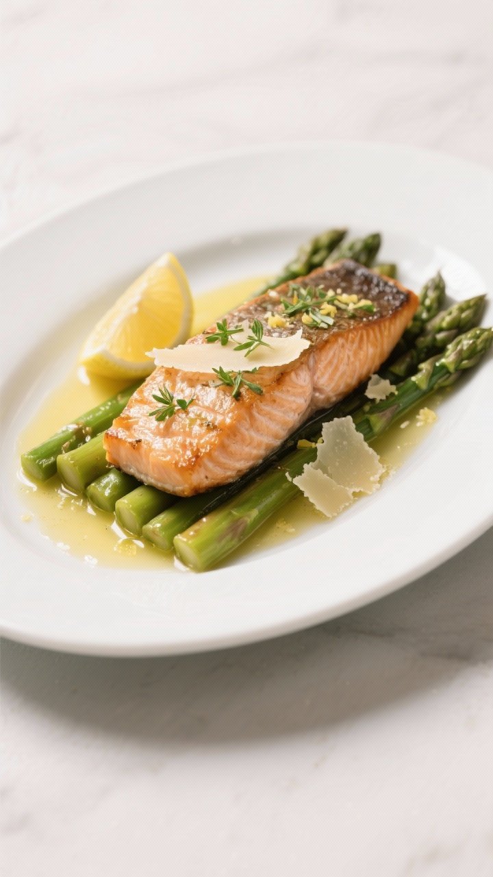 Final plated dish: Restaurant-quality presentation of baked salmon with asparagus on a wide white pl