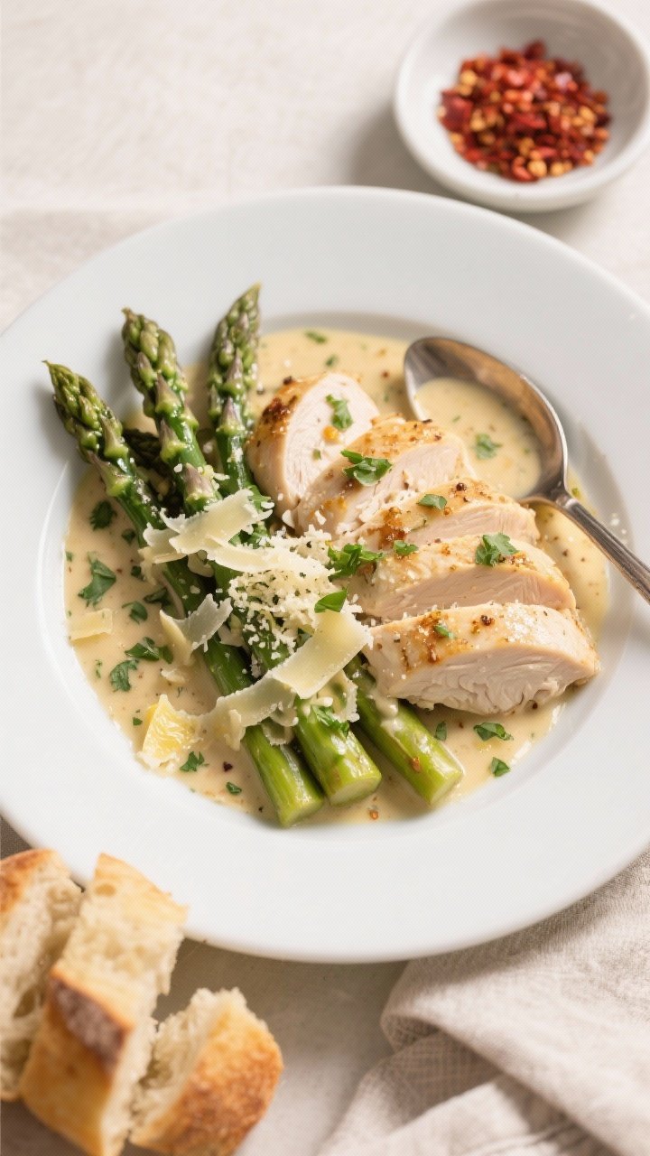 Final plated dish: Restaurant-quality presentation of Creamy Garlic Parmesan Chicken and Asparagus o
