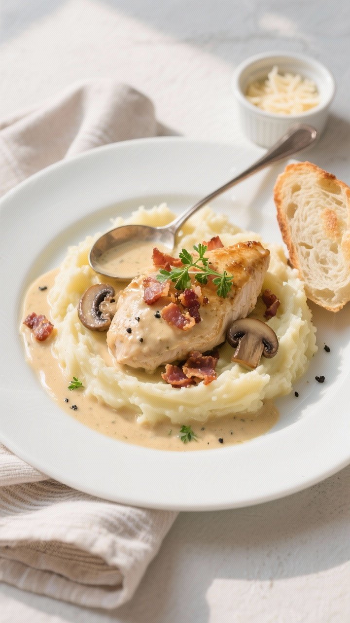 Final plated dish: Restaurant-quality presentation of Creamy Bacon Mushroom Chicken served over a pi