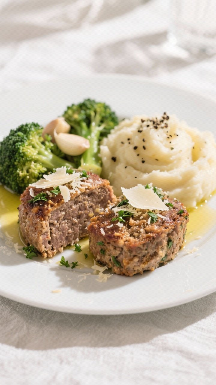 Final plated dish: Restaurant-quality presentation of two Garlic Parmesan turkey meatloaf minis on a