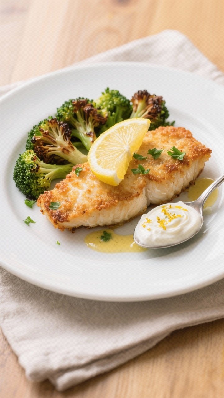 Final plated dish: Restaurant-quality presentation of crispy air-fried cod with roasted broccoli on 