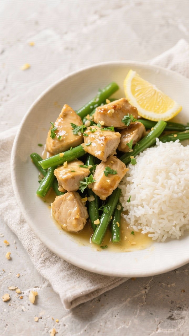 Final plated dish: Restaurant-quality presentation of Garlic Butter Chicken Bites with Green Beans o