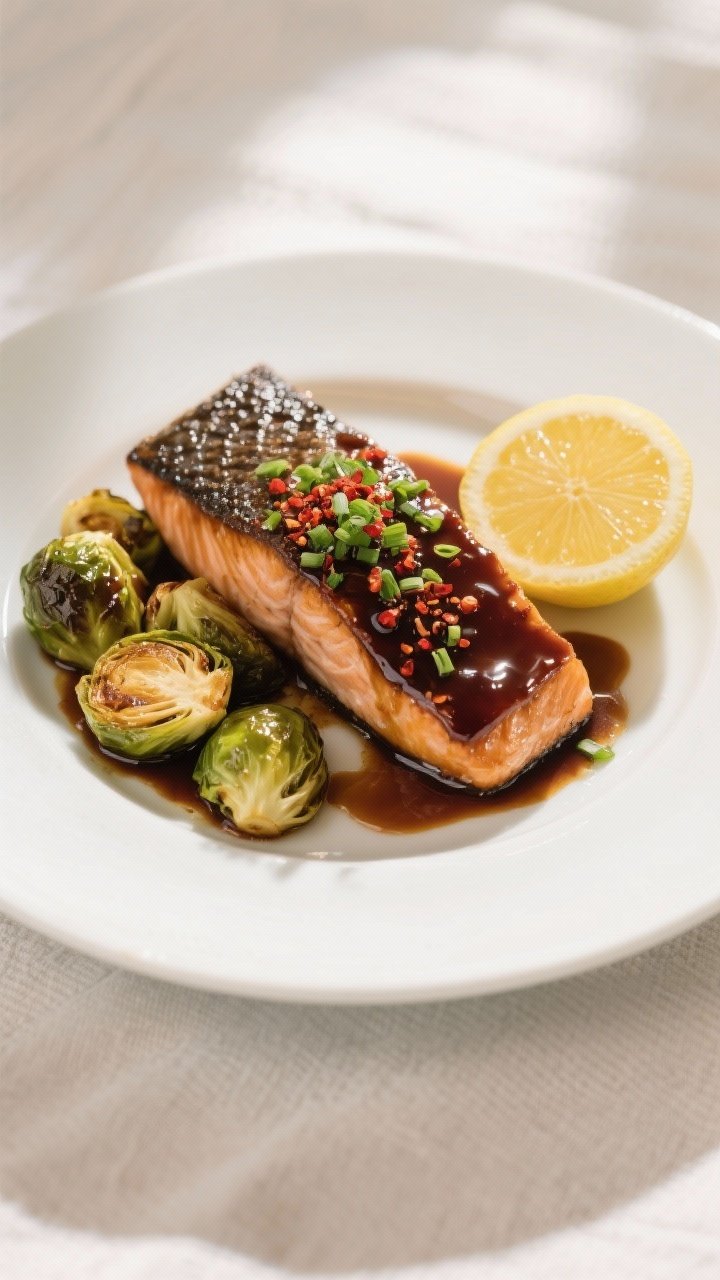 Final plated dish: Restaurant-quality presentation of balsamic glazed salmon with roasted Brussels s