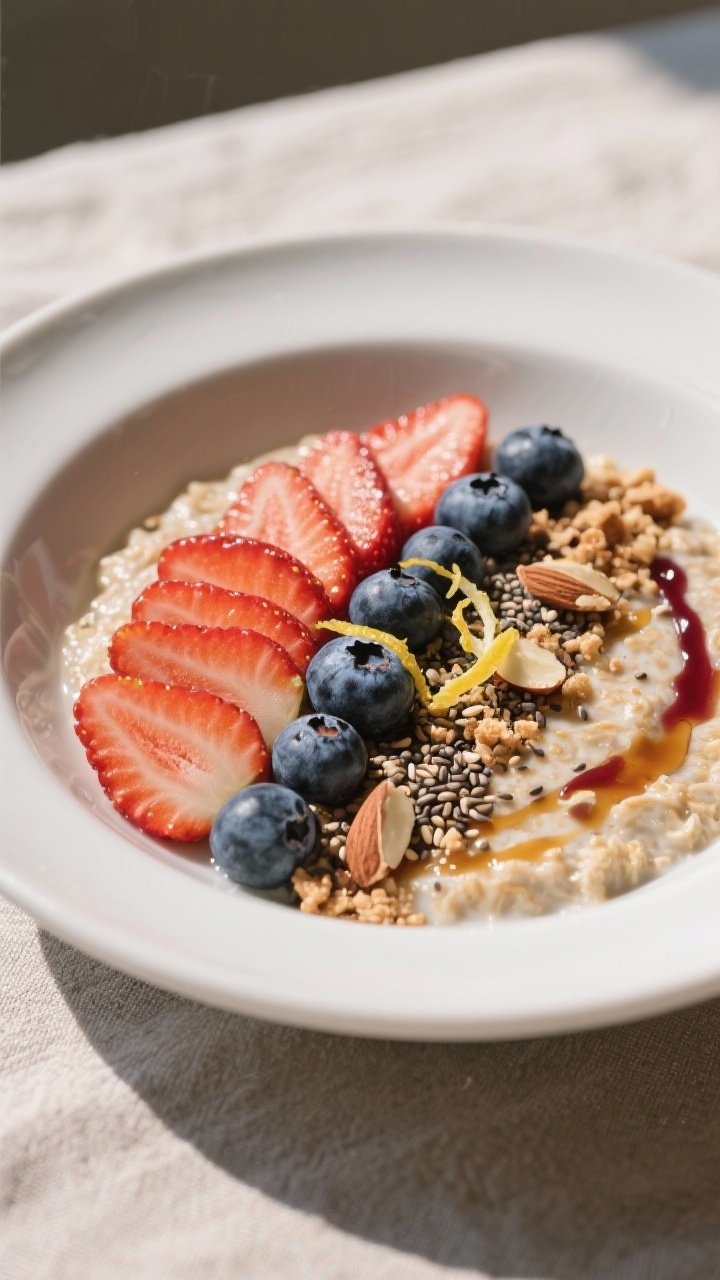 Final plated dish: Restaurant-quality presentation of Overnight Protein Oats with Berries served in 