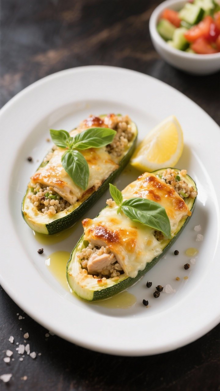 Final plated dish: Restaurant-quality presentation of Chicken and Quinoa Stuffed Zucchini Boats on a