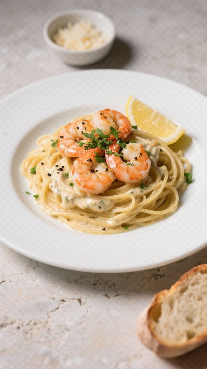 Final plated dish: Restaurant-quality presentation of Creamy Garlic Shrimp over al dente linguine, s