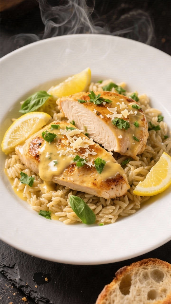 Final plated dish: Restaurant-quality presentation of Lemon Creamy Chicken Skillet—two sliced chic