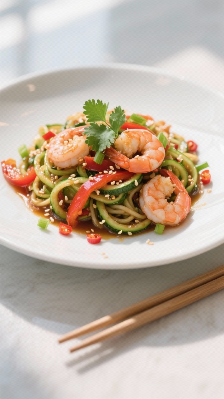 Final plated dish, restaurant-quality: Shrimp and Zucchini Noodle Stir-Fry twirled into a neat nest 