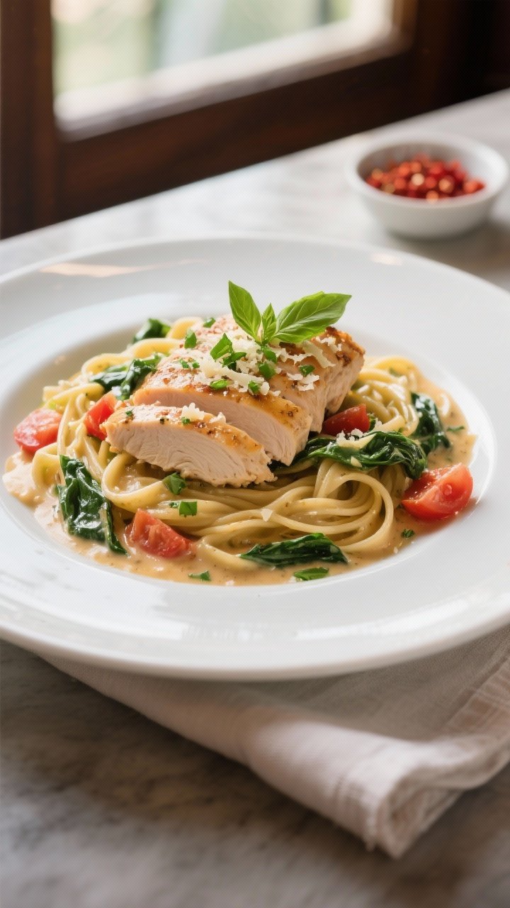 Final plated dish: Restaurant-style presentation of Tuscan Creamy Chicken with Spinach over al dente
