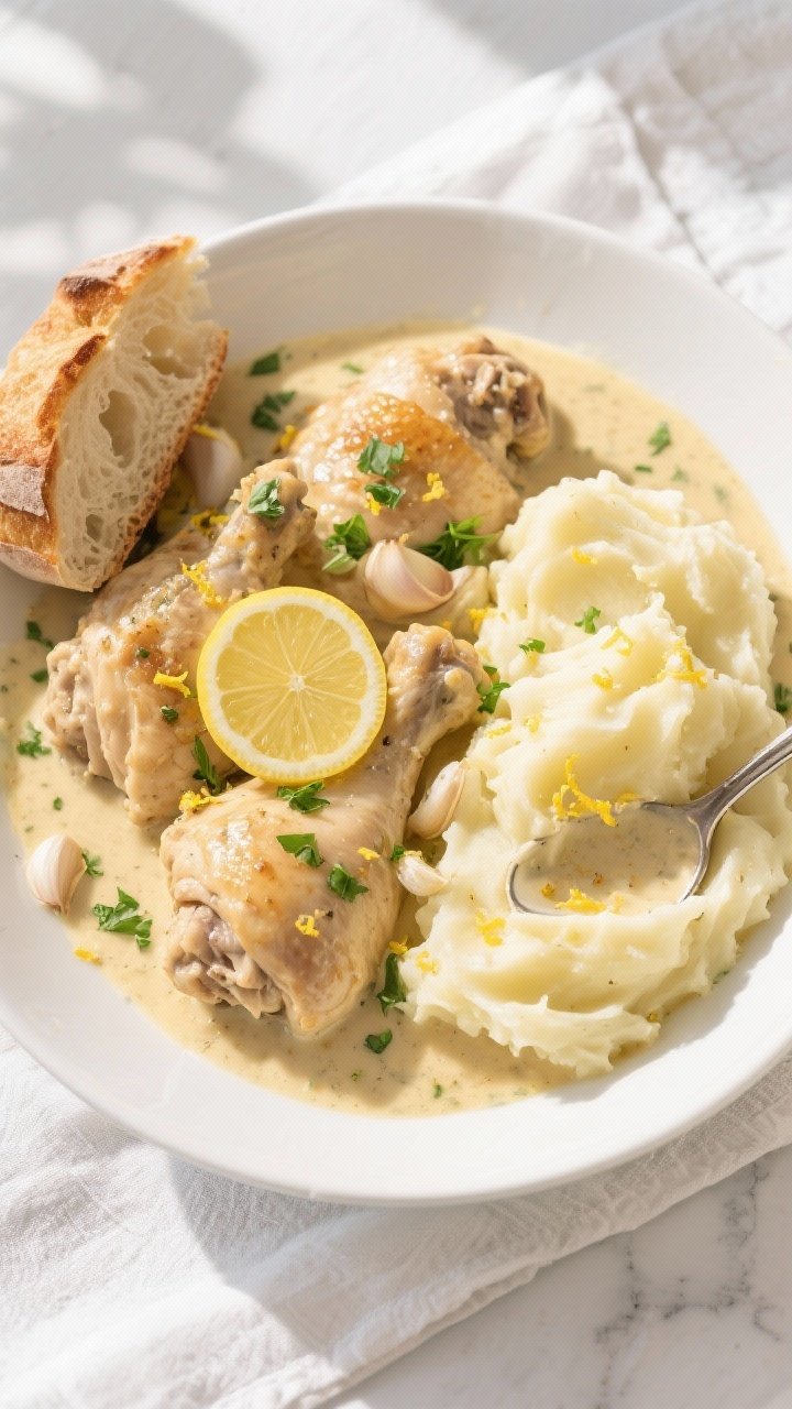 Final plated dish, tasty top view: Overhead shot of Creamy Lemon Garlic Chicken Thighs plated family