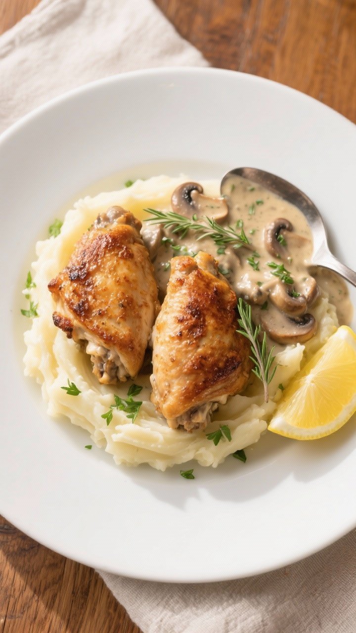 Final plated dish, tasty top view: Overhead shot of Crispy Baked Chicken Thighs with Creamy Mushroom