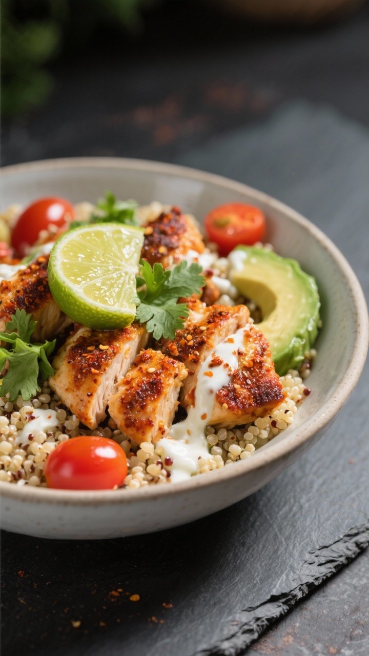 Final plated hero, close-up detail: Close-up of the finished Cajun Chicken and Quinoa Bowl showcasin