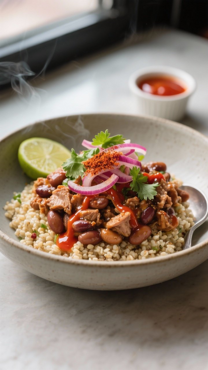 Final plated hero shot at a slight 45-degree angle: a restaurant-quality bowl with quinoa base layer