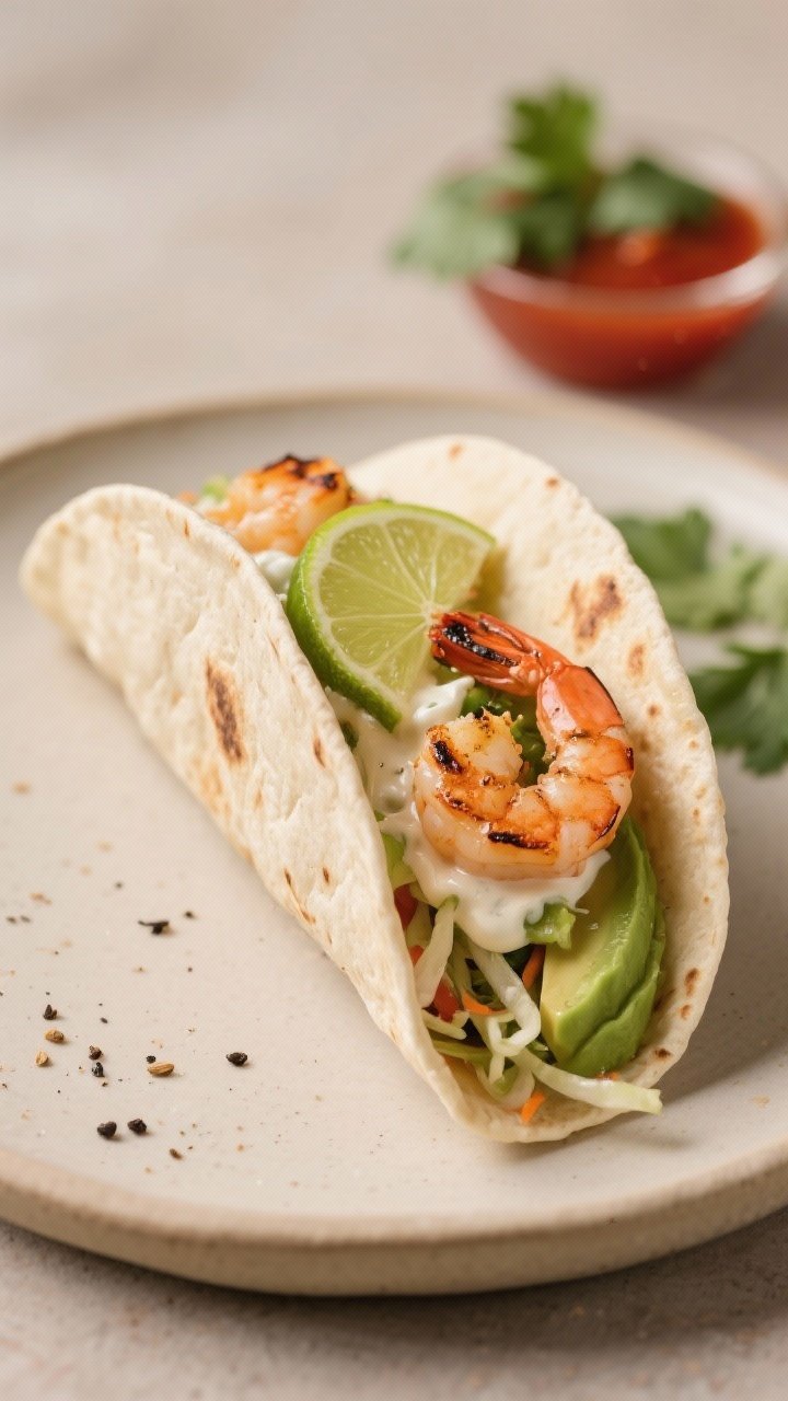 Final plated hero shot, close-up detail: One fully built shrimp taco held upright by the tortilla’