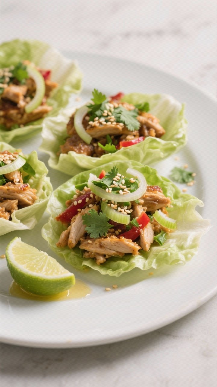 Final plated hero shot: Low-Carb Chicken Lettuce Wraps assembled in crisp butter lettuce cups on a m
